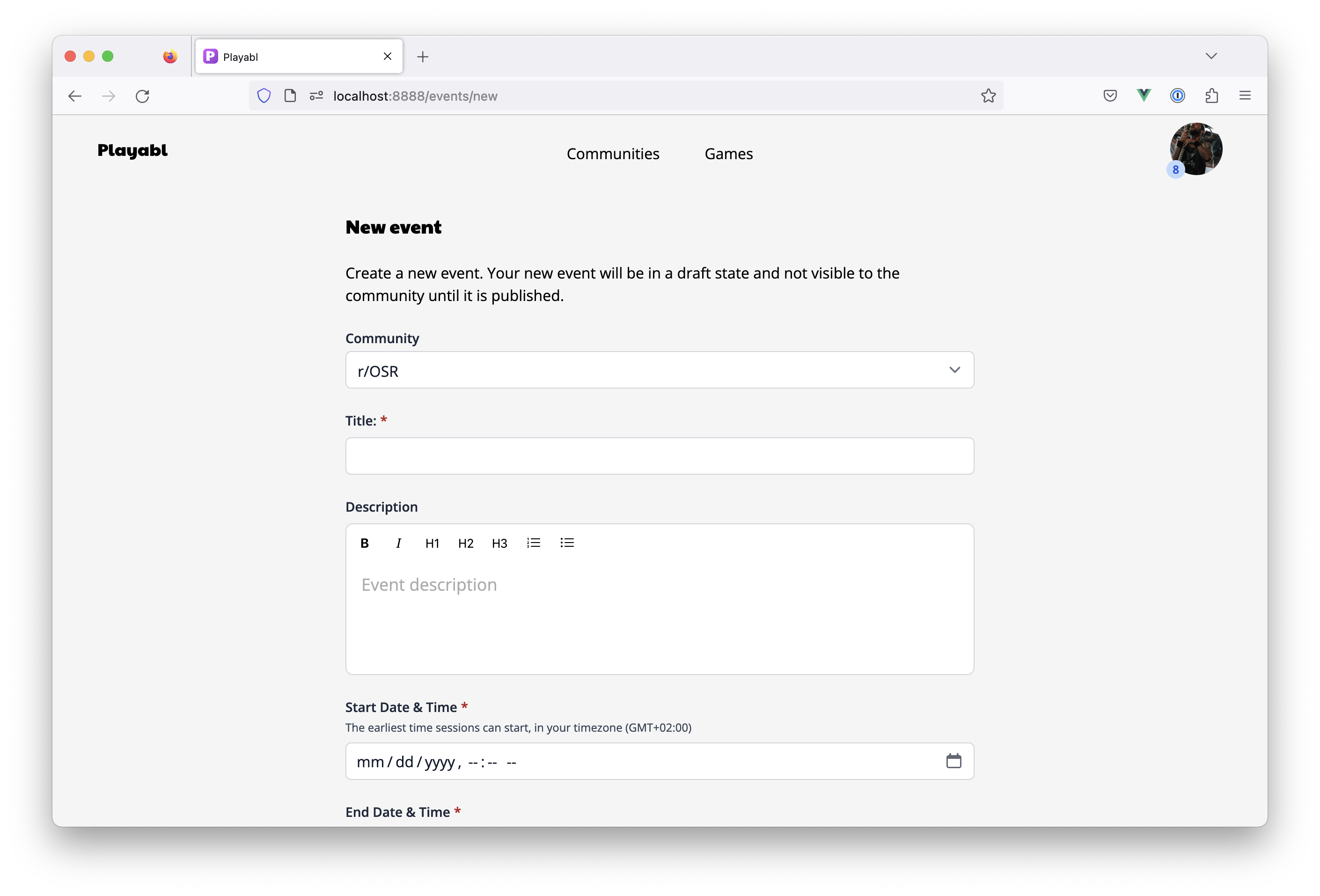 New Event page